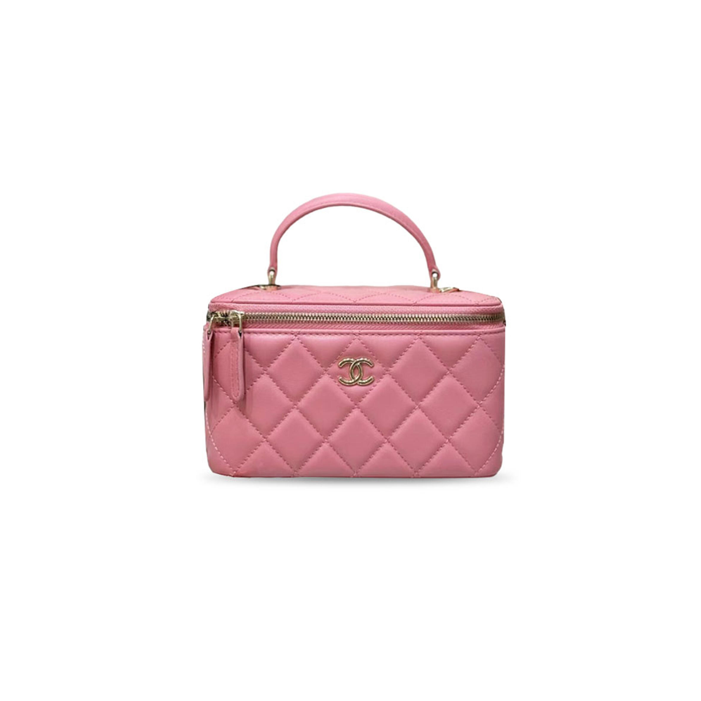 CHANEL VANITY RECTANGLE WITH TOP HANDLE PINK LAMBSKIN LEATHER GOLD HARDWARE (16*10*8cm) 